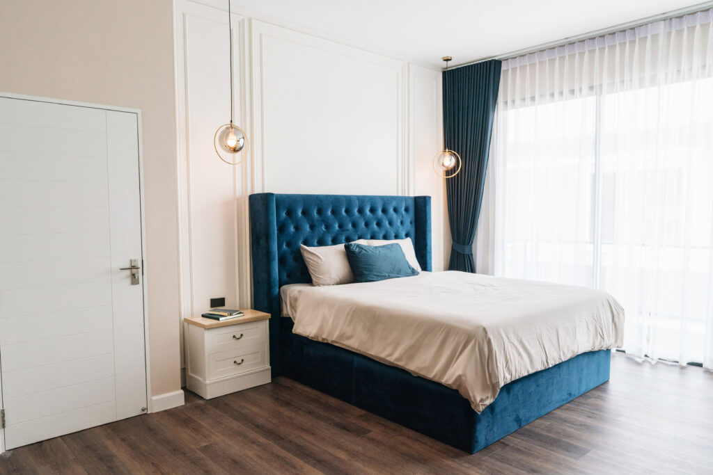 Elegant Blue, White, and Wood Bedroom Decor